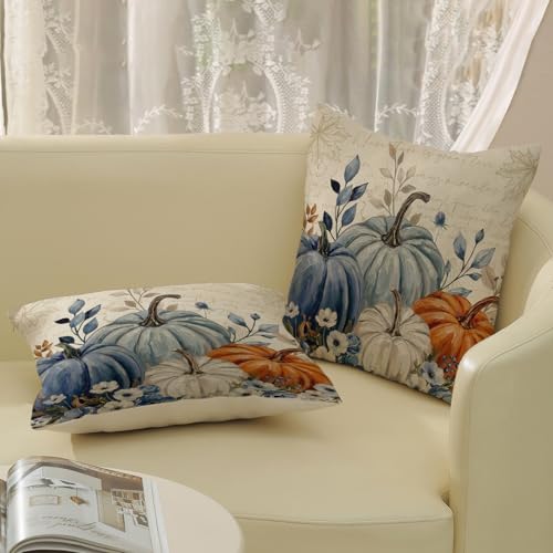 Watercolor Fall Pumpkin Pillow Covers 18x18 Set of 2 Orange Blue White Linen