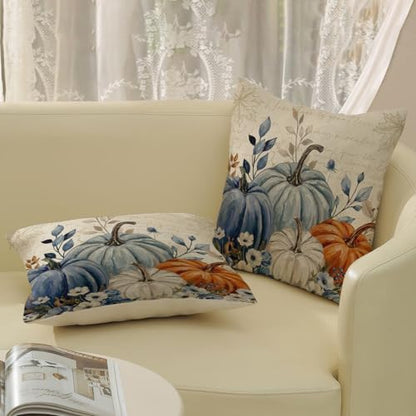 Watercolor Fall Pumpkin Pillow Covers 18x18 Set of 2 Orange Blue White Linen