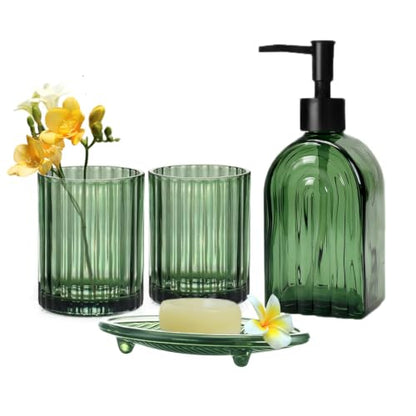 Green Glass Bathroom Accessories Set with Soap Dispenser and Toothbrush Holders - 4 Piece