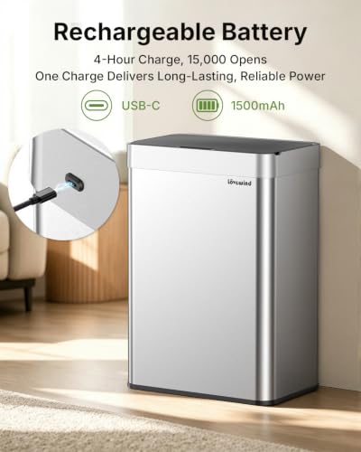 Touchless 13.2 Gallon Silver Kitchen Trash Can - Rechargeable Sensor Waste Bin