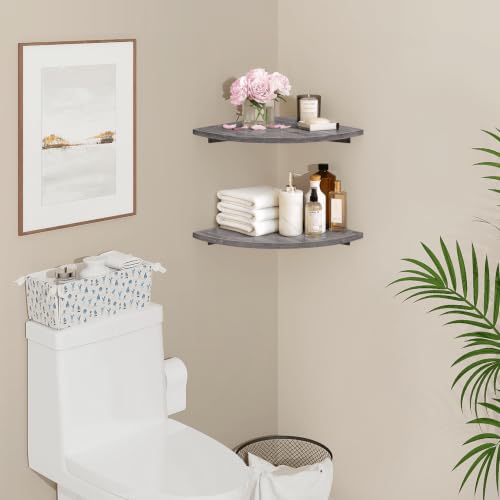 Grey Round Corner Wall Mount Floating Shelves Set of 2 - Rustic & Durable