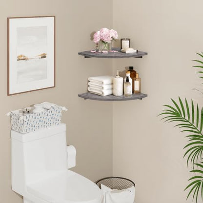 Grey Round Corner Wall Mount Floating Shelves Set of 2 - Rustic & Durable