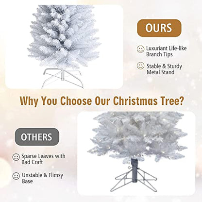7Ft Slim Artificial Christmas Tree with 436 Tips, White, Hinged Design & Metal Stand