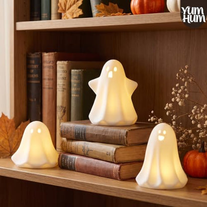 3PCS Ceramic Ghost Halloween Decorations with Amber LED Glow - Indoor Display