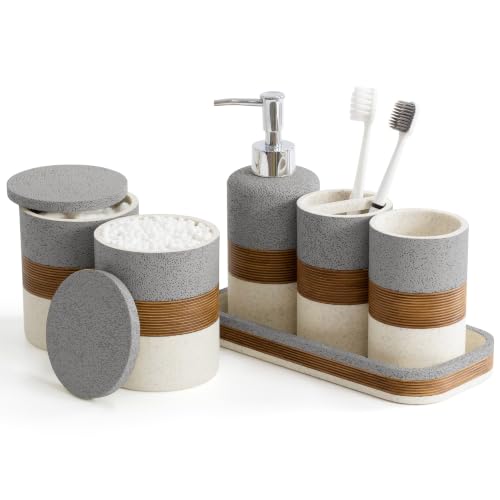 Gray 6-Piece Resin Bathroom Accessories Set - Stone-Inspired Organizers