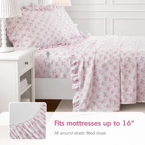 Full Sheet Set with Pink Bow Ruffle - 4 Piece Bedding Comforter Set