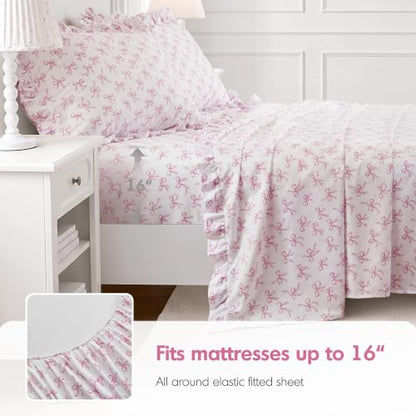Full Sheet Set with Pink Bow Ruffle - 4 Piece Bedding Comforter Set
