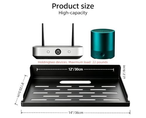 Foldable 14x8 Inch Wall Mount Router Shelf with Cable Hole - Black