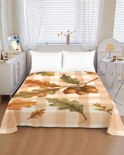 Queen Size Flat Sheet Only - Fall Oak Leaves & Acorns Microfiber Bedding, Beige Gingham Check, Amber Chestnut Variation