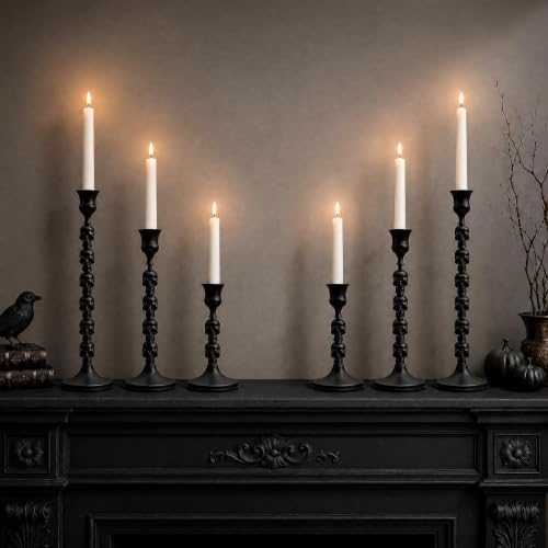 Gothic Skull Candle Holders Set – Halloween Taper Candlestick Decor – 3 Pack