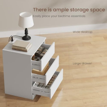 Nightstands Set of 2 with Charging Station, 3 Drawers, White - Medium