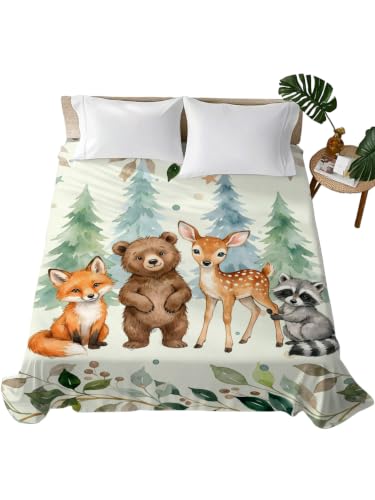 Green Twin XL Flat Sheet - Summer Forests Bear Fox Raccoon Microfiber Bedding