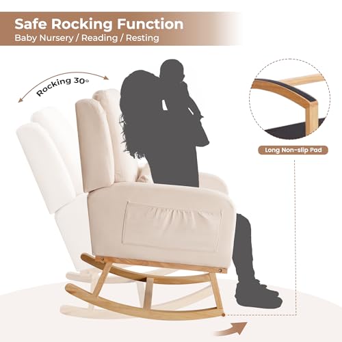 Nursery Glider Rocking Chair with Lumbar Pillow Beige - Modern Upholstered Nursery Chair for Bedroom & Living Room
