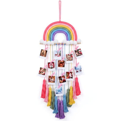 Rainbow Macrame Photo Display with LED String Lights - Boho Wall Decor