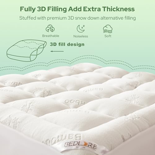 BEDLORE Twin Mattress Topper Viscose Derived from Bamboo, Thick Pillow Top Mattress Pad with Stretchable Pockets for 6-15 inches Mattress, Soft Breathable Mattress Topper for Back Pain Relief