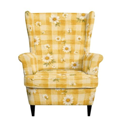 Yellow Gingham Daisy Print Stretch Wingback Chair Slipcover 2 Piece - Fits Chairs Up to 31.5"