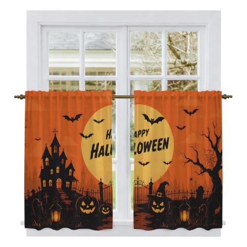 Orange Halloween Tier Curtains Set - Black Pumpkins & Moon Design, 27.5W x 45L, Pack of 2