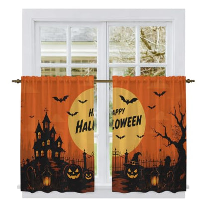 Orange Halloween Tier Curtains Set - Black Pumpkins & Moon Design, 27.5W x 45L, Pack of 2