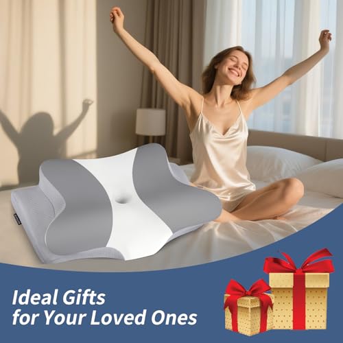 Cervical Support Pillow for Neck Pain Relief - Grey & White, Ergonomic Memory Foam