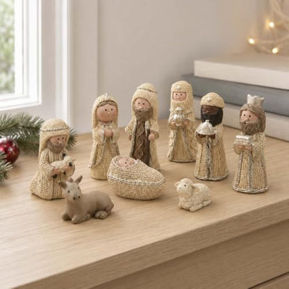9 Piece Nativity Set with Knit-Look Resin Figures - Christmas Scene Decor
