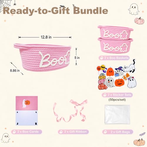Pink Halloween Boo Basket with Handles - 2 Pack Ghost Gift Baskets for Women