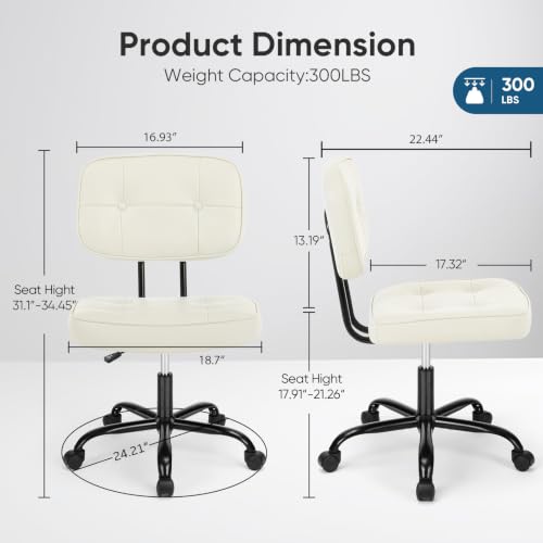 Armless Office Desk Chair with Wheels - Ivory White, 21.5"D Small Vanity Chair