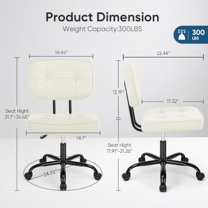 Armless Office Desk Chair with Wheels - Ivory White, 21.5"D Small Vanity Chair