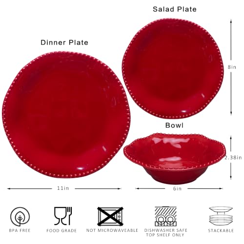 Red Christmas Melamine Dinnerware Set for 4 - 12 Pieces, Unbreakable & Elegant