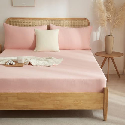 Pink Twin Fitted Sheet 100% Muslin Cotton Gauze Deep Pocket Bed Sheet