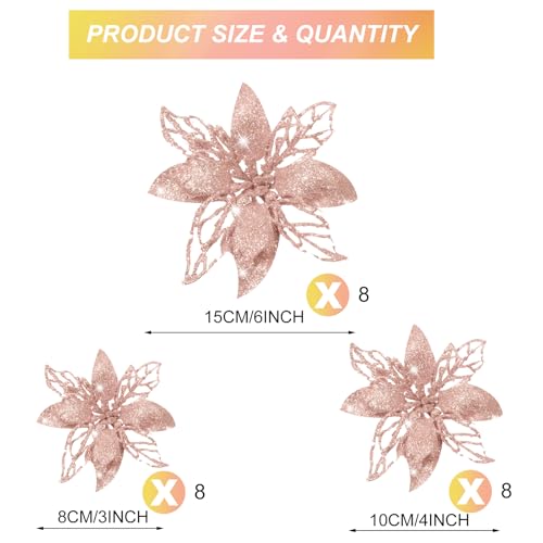 Rose Gold Christmas Artificial Poinsettia Flowers - 24 Pack, Holiday Decor