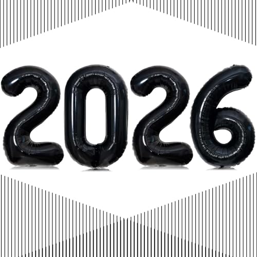 Black 2026 Number Balloons - 40 Inch Giant Foil Party Decor for New Year, Graduation, Christmas