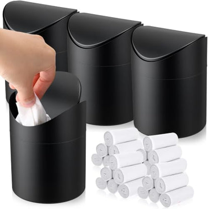 Black 4 Pack Tabletop Trash Cans with Lid & 24 Trash Bag Rolls - Compact & Durable