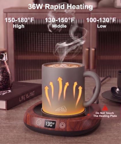 Coffee Mug Warmer Set with Temperature Control and LED Display - Walnut 15oz Ceramic Mug Gift