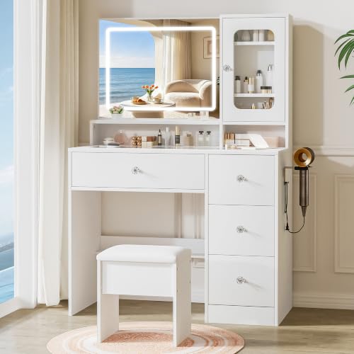 White Makeup Vanity Desk with Glass Top & Acrylic Cabinet - 35.4"