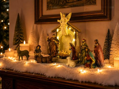 13-Piece Christmas Nativity Scene Set with Lighted Stable and Hand-Painted Figures