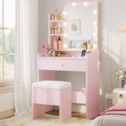 Vanity Desk with Mirror Lights & Storage Stool - Pink (Variation of THIS listing: Pink)