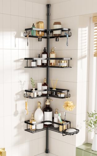 HAMITOR Shower Caddy Tension Pole 4-Tier Corner Storage Bathroom Organizer - Black