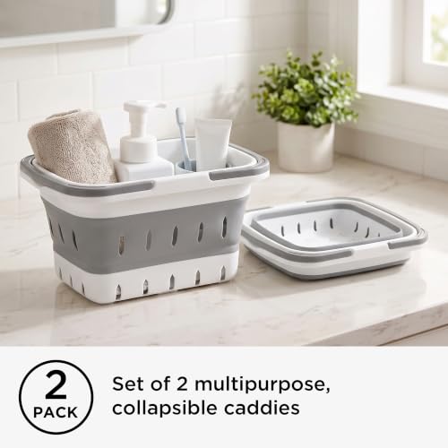 Multipurpose Collapsible Storage Caddy Set with Handles for Bathroom Kitchen Dorm Gray