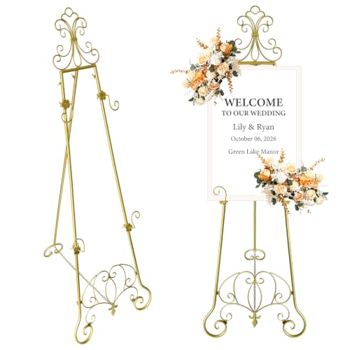 58-Inch Gold Fleur-de-Lis Floor Easel Stand for Sign Display - Heavy Duty Metal