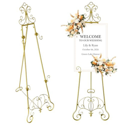 58-Inch Gold Fleur-de-Lis Floor Easel Stand for Sign Display - Heavy Duty Metal
