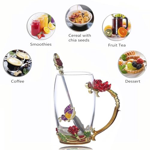 Glass Fancy Tea Cup Set with Rose Pattern and Spoon - Red Rose Variation