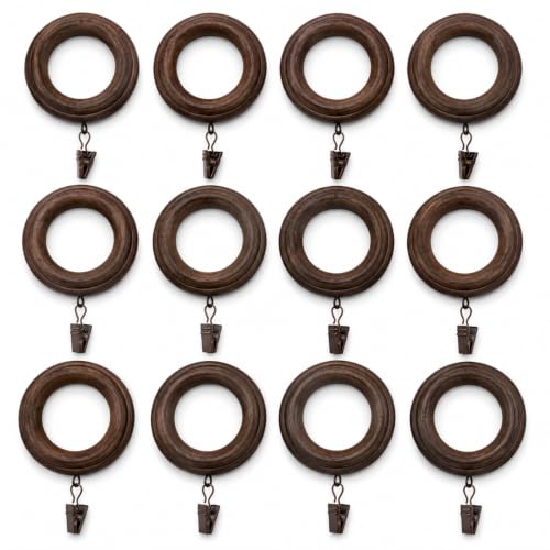 Wood Curtain Rings with Clips - 1.77" Inner Diameter, Walnut Finish, Set of 12
