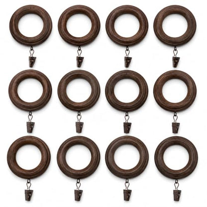Wood Curtain Rings with Clips - 1.77" Inner Diameter, Walnut Finish, Set of 12