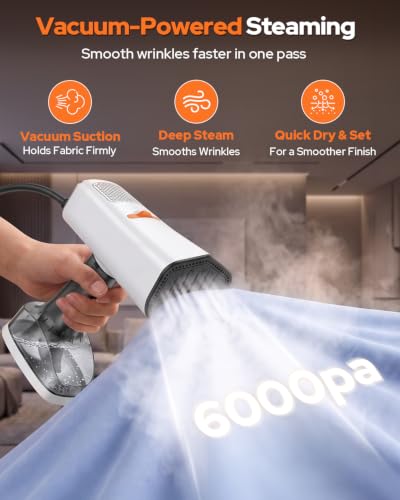 Vacuum Steamer for Clothes with 6000Pa Suction Handheld Garment Steamer White