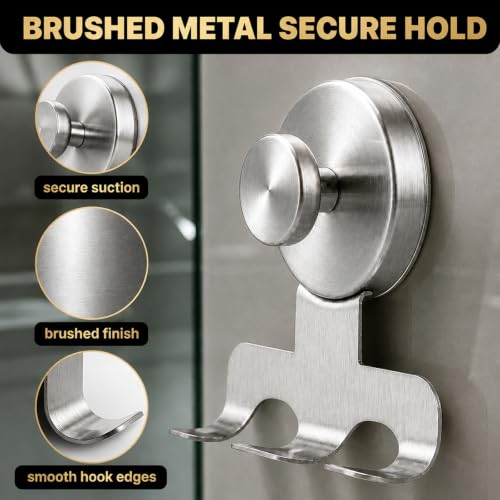 Heavy-Duty Shower Razor Holder Suction Cup Hooks - Brushed Silver, 2 Pack