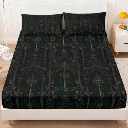 Dark Academia Green Gothic Key Fitted Sheet Set with Pillowcases - King Variation