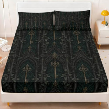 Dark Academia Green Gothic Key Fitted Sheet Set with Pillowcases - King Variation