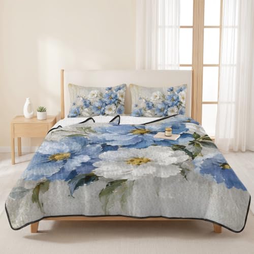 Blue White Flower Quilt Set Twin XL 3 Piece Bed Coverlet Bedding - Rustic Daisy