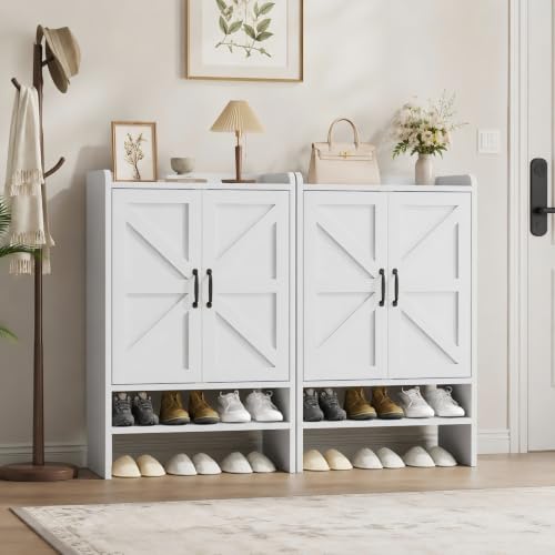 White Shoe Cabinet with 2 Barn Doors, 4-Tier Modern Storage, 23.6W x 35.8H