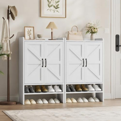 White Shoe Cabinet with 2 Barn Doors, 4-Tier Modern Storage, 23.6W x 35.8H